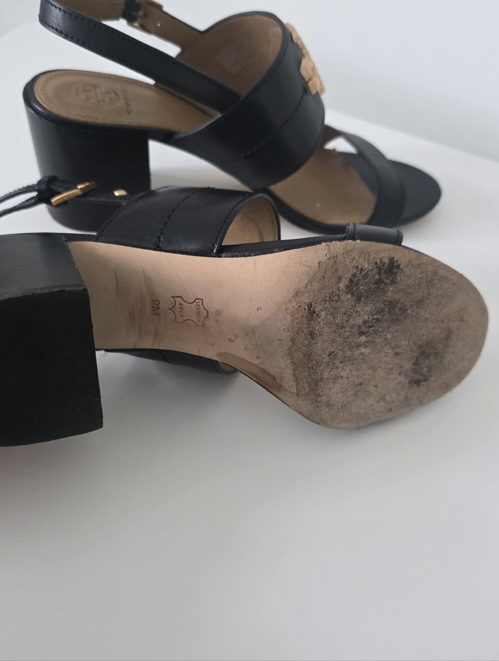 Tory Burch Black Leather Gold Logo Block Heel Sandals - Picture 8 of 9